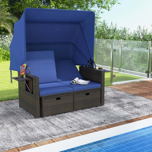 COSTWAY  Outdoor Patio Rattan Daybed With Retractable Canopy & Adjustable Backrests