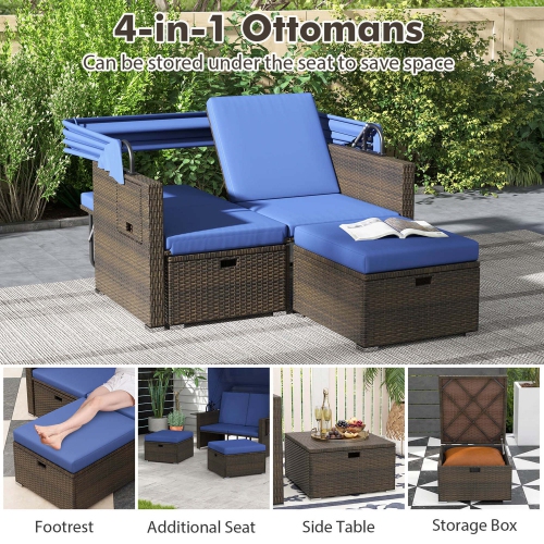 Lit de repos en rotin pour patio extérieur de Costway avec auvent rétractable et dossiers réglables