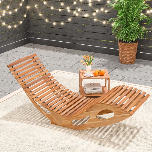 Costway Outdoor Chaise Lounge with High Back Slatted Seat Stopper Outside Wood Rocker
