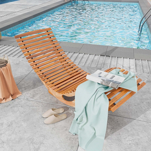 Costway Outdoor Chaise Lounge with High Back Slatted Seat Stopper Outside Wood Rocker