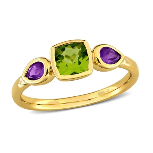 GEM AND HARMONY  9/10 Carat (Ctw) Peridot And Amethyst Ring In 10K Gold In Yellow