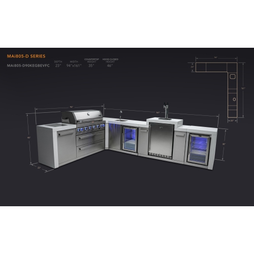 Mont Alpi 805 Deluxe Island with a 90 Degree Corner, Kegerator, Beverage Center and Fridge Cabinet - Marine Grade Stainless Steel