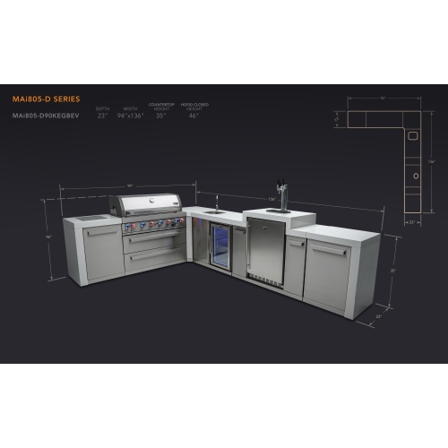 Île de luxe Mont Alpi 805 avec coin 90 degrés, Kegerator et centre de boissons - Acier inoxydable de qualité marine