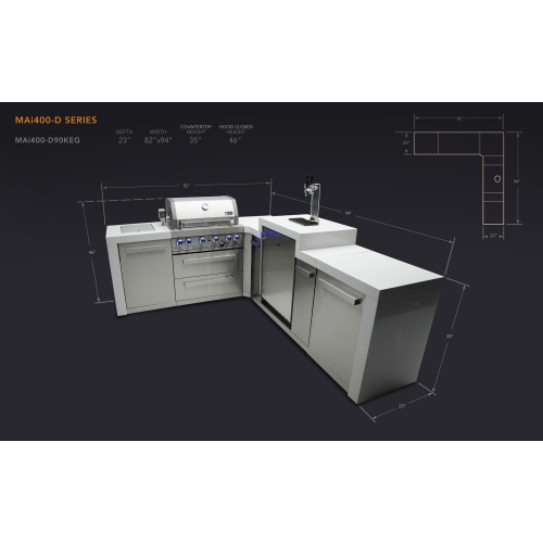 Île de luxe Mont Alpi 400 avec coin à 90 degrés et Kegerator - Acier inoxydable de qualité marine