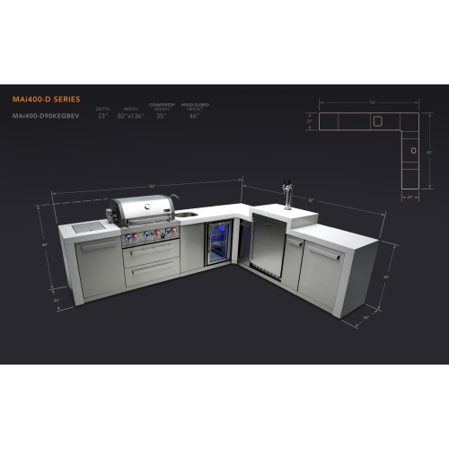 Île de luxe Mont Alpi 400 avec coin 90 degrés, Kegerator et centre de boissons - Acier inoxydable de qualité marine