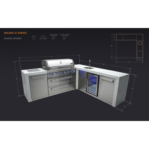 Île de luxe Mont Alpi 805 avec coin à 90 degrés et centre de boissons - Acier inoxydable de qualité marine