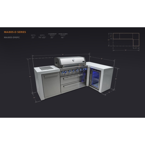 Îlot de luxe Mont Alpi 805 avec coin à 90 degrés et armoire réfrigérateur - Acier inoxydable de qualité marine