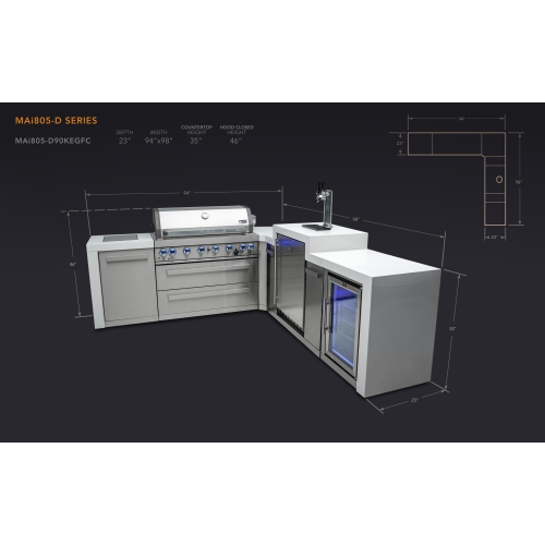 Îlot de luxe Mont Alpi 805 avec coin à 90 degrés, Kegerator et armoire réfrigérateur - Acier inoxydable de qualité marine