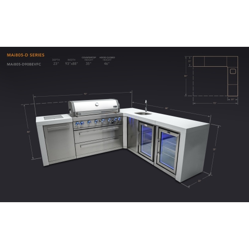 Îlot de luxe Mont Alpi 805 avec coin à 90 degrés, centre de boissons et armoire réfrigérateur - Acier inoxydable de qualité marine