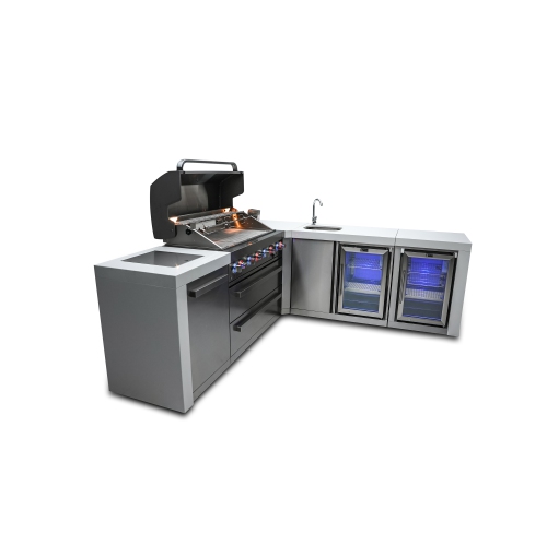 Îlot de luxe Mont Alpi 805 avec coin à 90 degrés, centre de boissons et armoire réfrigérateur - Acier inoxydable de qualité marine