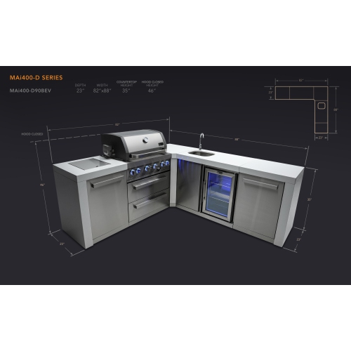 Île de luxe Mont Alpi 400 avec coin à 90 degrés et centre de boissons - Acier inoxydable de qualité marine