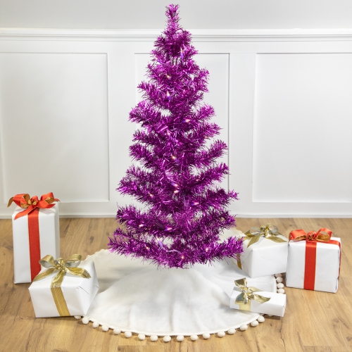 Pre-Lit Artificial Tinsel Christmas Tree - 3' - Purple - Clear Lights