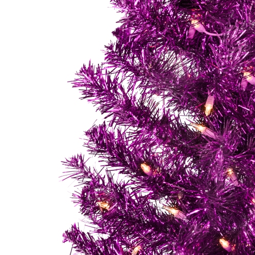 Pre-Lit Artificial Tinsel Christmas Tree - 3' - Purple - Clear Lights
