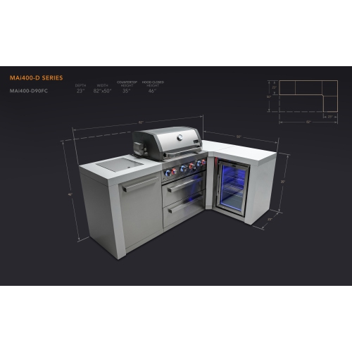 Îlot de luxe Mont Alpi 400 avec coin à 90 degrés et armoire réfrigérateur - Acier inoxydable de qualité marine