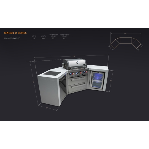 Îlot de luxe Mont Alpi 400 avec coins à 45 degrés et armoire réfrigérateur - Acier inoxydable de qualité marine