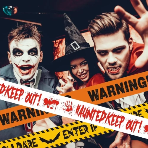 Ruban d'avertissement d'Halloween – Paquet de 3 rubans d'avertissement Fright avec batte, empreintes de sang et motif de zombies pour décorer une