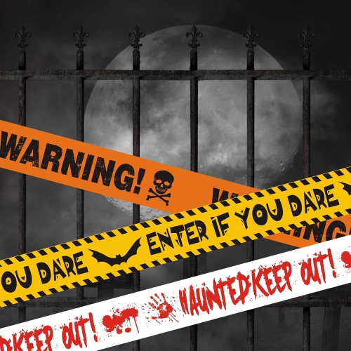 Ruban d'avertissement d'Halloween – Paquet de 3 rubans d'avertissement Fright avec batte, empreintes de sang et motif de zombies pour décorer une