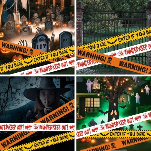 Ruban d'avertissement d'Halloween – Paquet de 3 rubans d'avertissement Fright avec batte, empreintes de sang et motif de zombies pour décorer une