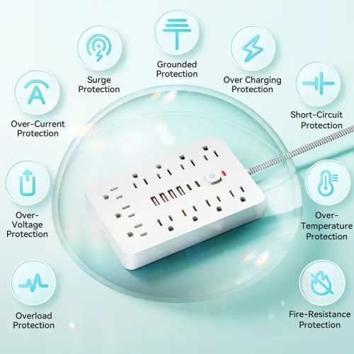 Barre d'alimentation à 11 prises avec ports USB et de type C – Protection contre les surtensions, fixation murale, idéale pour la maison, la