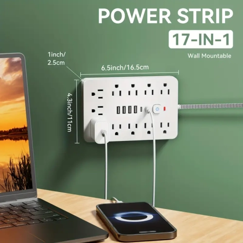 Barre d'alimentation à 11 prises avec ports USB et de type C – Protection contre les surtensions, fixation murale, idéale pour la maison, la