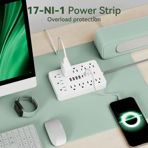 Barre d'alimentation à 11 prises avec ports USB et de type C – Protection contre les surtensions, fixation murale, idéale pour la maison, la