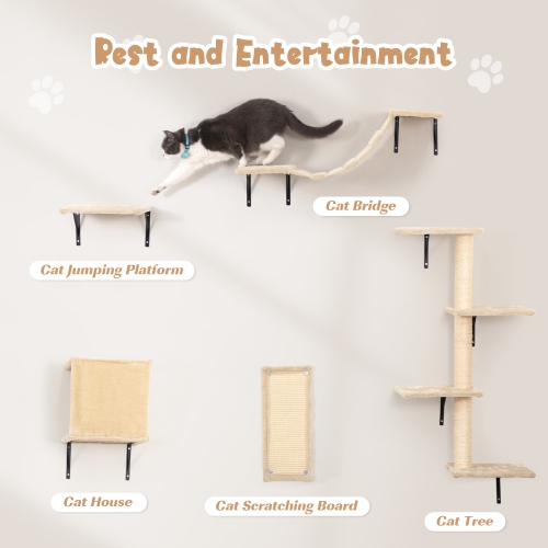 HOXPETY Wall Mounted Cat Furniture, Cat Wall Shelves Set of 5 with Cat Tree, Cat Perch, Cat Scratcher, Cat Bridge and Cat Condo, Beige