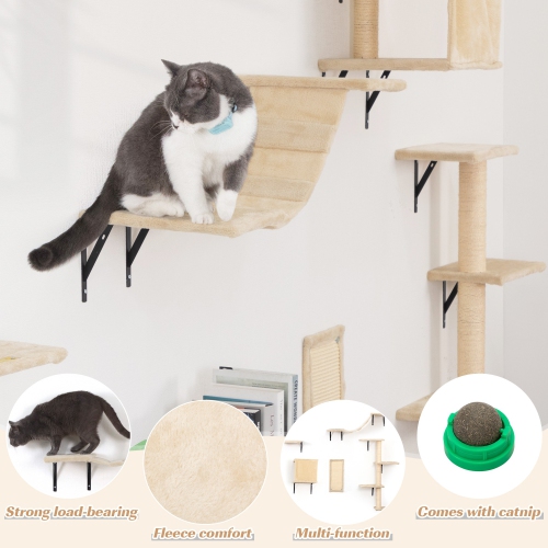 HOXPETY Wall Mounted Cat Furniture, Cat Wall Shelves Set of 5 with Cat Tree, Cat Perch, Cat Scratcher, Cat Bridge and Cat Condo, Beige