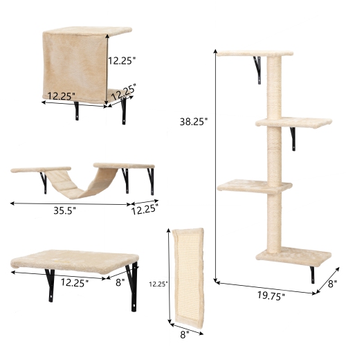 HOXPETY Wall Mounted Cat Furniture, Cat Wall Shelves Set of 5 with Cat Tree, Cat Perch, Cat Scratcher, Cat Bridge and Cat Condo, Beige