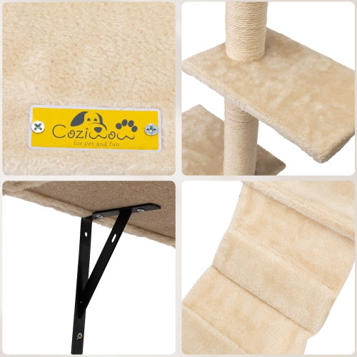 HOXPETY Wall Mounted Cat Furniture, Cat Wall Shelves Set of 5 with Cat Tree, Cat Perch, Cat Scratcher, Cat Bridge and Cat Condo, Beige