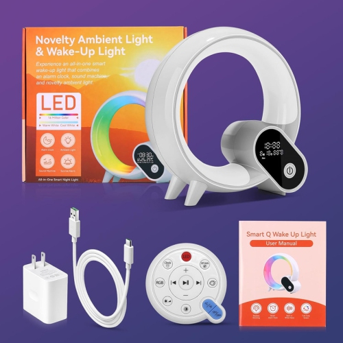 Intelligent LED Table Lamp, 2024 New Atmosphere Lamp with Bluetooth Speaker, Dimmable Night Light Music Alarm Clock Calendar Clock Temperature,