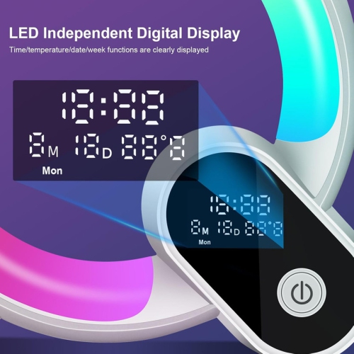 Intelligent LED Table Lamp, 2024 New Atmosphere Lamp with Bluetooth Speaker, Dimmable Night Light Music Alarm Clock Calendar Clock Temperature,