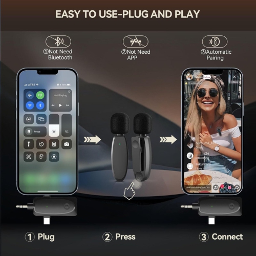 Micro-cravate sans fil, mini microphones pour appareil photo Android iPhone, micro-cravate à délai ultra-faible 2,4 GHz, microphone 3-en-1 pour
