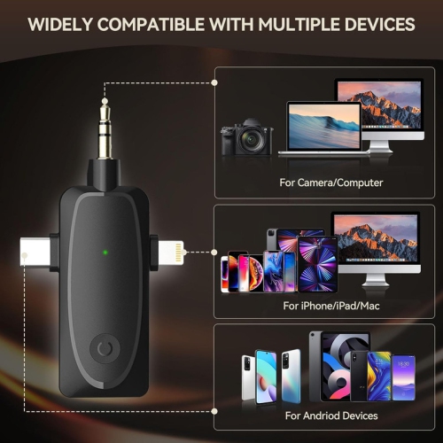Micro-cravate sans fil, mini microphones pour appareil photo Android iPhone, micro-cravate à délai ultra-faible 2,4 GHz, microphone 3-en-1 pour