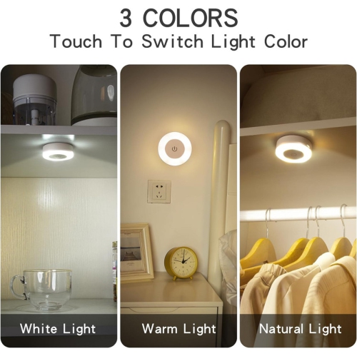 2 Pack - Night Touch Light Bright LED Push Lights, 3 Colors Dimmable Puck Lights, Rechargeable Tap Light Battery Operated, Wireless Stick on Lights