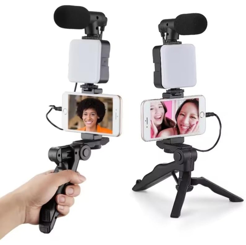 1pc - Compact Vlogging Kit with LED Light and Microphone | Pistol Grip Tripod for Stable Recording | Ideal for YouTube, TikTok Videos | Compatible wi