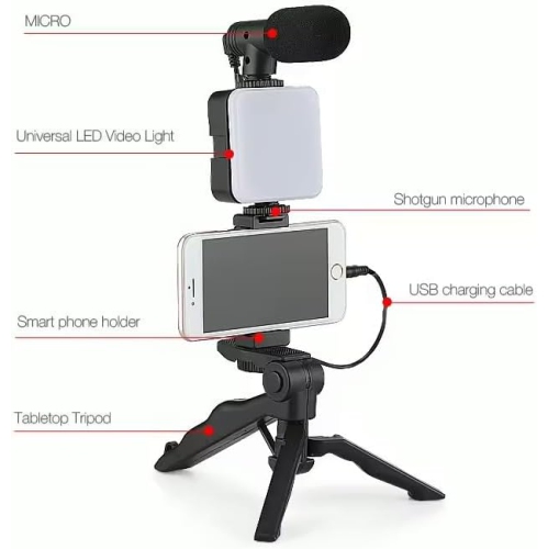 1pc - Compact Vlogging Kit with LED Light and Microphone | Pistol Grip Tripod for Stable Recording | Ideal for YouTube, TikTok Videos | Compatible