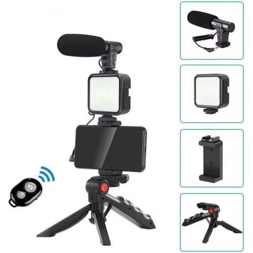 1pc - Compact Vlogging Kit with LED Light and Microphone | Pistol Grip Tripod for Stable Recording | Ideal for YouTube, TikTok Videos | Compatible
