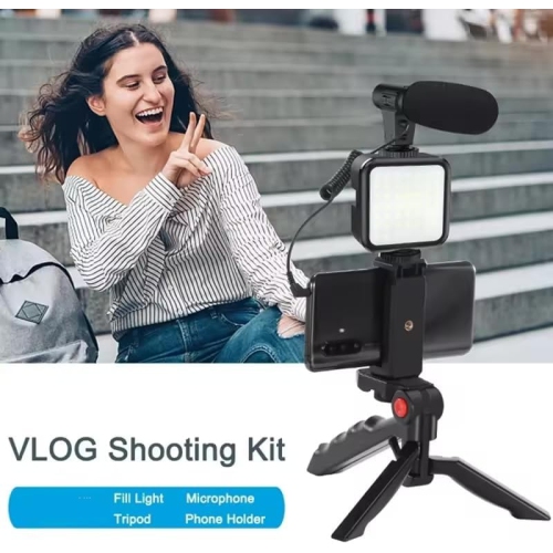 1pc - Compact Vlogging Kit with LED Light and Microphone | Pistol Grip Tripod for Stable Recording | Ideal for YouTube, TikTok Videos | Compatible