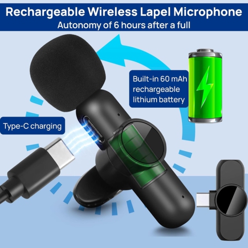 Wireless Lavalier Microphone, 2 Mini Microphone Compatible with iPhone/iPad/Android/PC, Plug & Play Lapel Mic