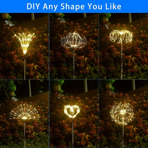 6 Pack Solar Firework Lights, 120 LED USB C Charging Lights 8 Lighting Modes Remote Control, 4 Brightness DIY Starburst Firework Lamp For Path