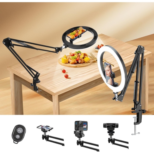 Overhead Phone Mount with Ring Light, 10" LED Ring Light with Stand and Phone Holder for Desk, Flexible Articulating Arm Overhead Camera Mount Tripod