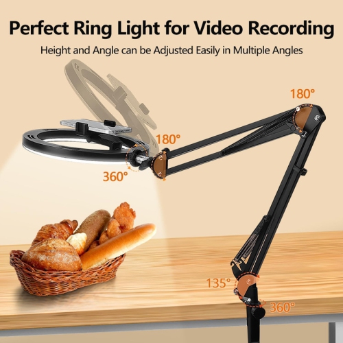Overhead Phone Mount with Ring Light, 10" LED Ring Light with Stand and Phone Holder for Desk, Flexible Articulating Arm Overhead Camera Mount Tripod