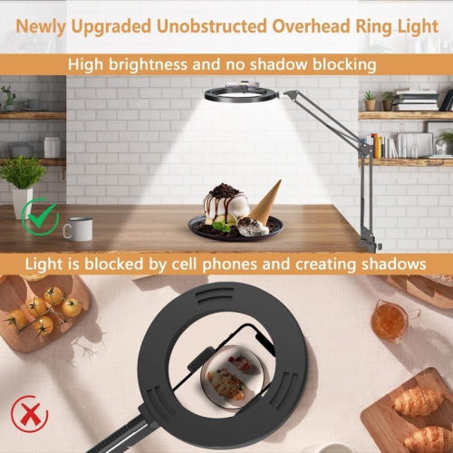 Overhead Phone Mount with Ring Light, 10" LED Ring Light with Stand and Phone Holder for Desk, Flexible Articulating Arm Overhead Camera Mount Tripod