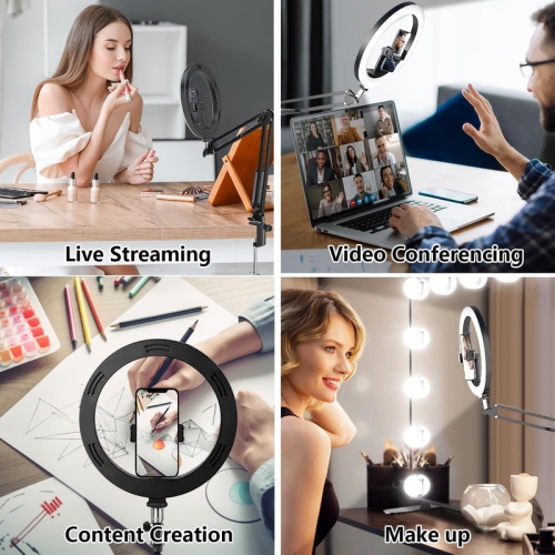 Overhead Phone Mount with Ring Light, 10" LED Ring Light with Stand and Phone Holder for Desk, Flexible Articulating Arm Overhead Camera Mount Tripod