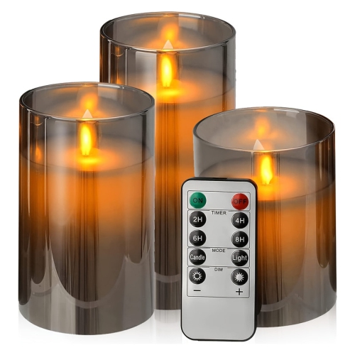 YOULIGHTS  3 Pack - Flickering Flameless Candles, Battery Powered, With Remote Control And Timing Function, Glass Effect Moving Electronic Led Candles
