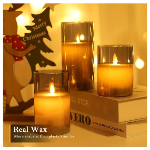 3 Pack - Flickering Flameless Candles, Battery Powered, with Remote Control and Timing Function, Glass Effect Moving Electronic LED Candles