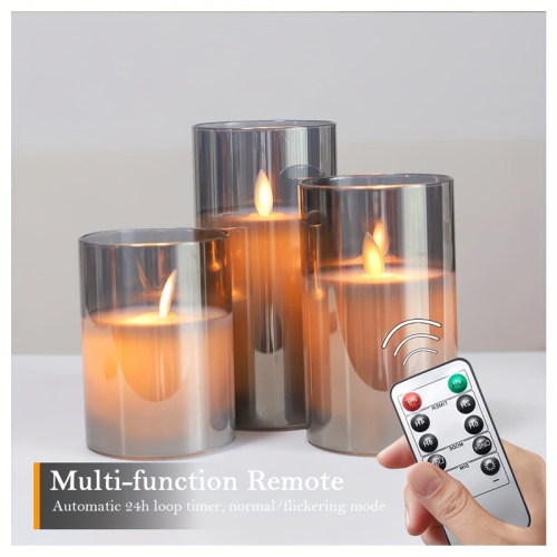 3 Pack - Flickering Flameless Candles, Battery Powered, with Remote Control and Timing Function, Glass Effect Moving Electronic LED Candles