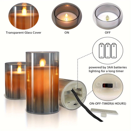 3 Pack - Flickering Flameless Candles, Battery Powered, with Remote Control and Timing Function, Glass Effect Moving Electronic LED Candles