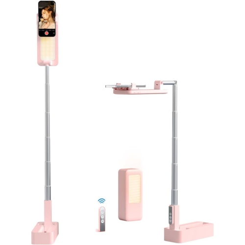 Upgrade Phone Stand for Recording,360° Rotation Overhead Phone Mount with Light,Desktop Tripod with Rechargeable 15 Brightness Lamp