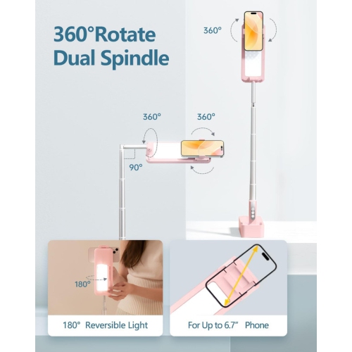 Upgrade Phone Stand for Recording,360° Rotation Overhead Phone Mount with Light,Desktop Tripod with Rechargeable 15 Brightness Lamp